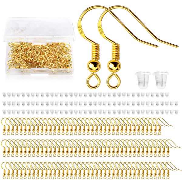 120Pcs Earring Hooks 925 Sliver Plated Gold Earring Hooks Ear Wire Hypoallergenic with 120Pcs Earring Backs Earring Making Supplies for DIY Earring Jewellery Making（Gold)