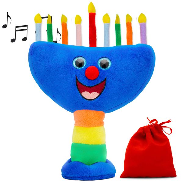 Aviv Judaica Plush Hanukkah Menorah - Musical Menorah Plays 2 Classic Hanukkah Melodies Includes Removable Candles & Candle Bag