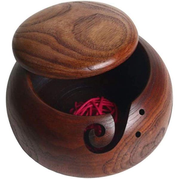 MKNZOME Handmade Yarn Bowl, 6.3 Inches Rosewood Crafted Wooden Portable Yarn Storage Bowl with Lid Knitting Crochet Accessories Wool Holder for Crochet Knitting Home Decor