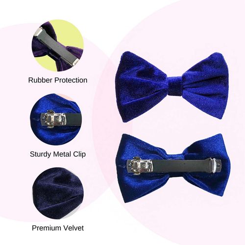 Basic Sense Velvet Bow Hair Clips, Rubber Protected, Sturdy Barrettes for Girls, School Uniform Friendly, A pack of 2pcs, Royal Blue