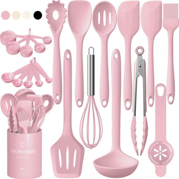 Umite Chef 22Pcs Silicone Cooking Utensils Set, Heat Resistant Silicone Kitchen Spatulas Set with Holder, Cooking Gadgets Tools Set for Nonstick Cookware, Dishwasher Safe(Pink)