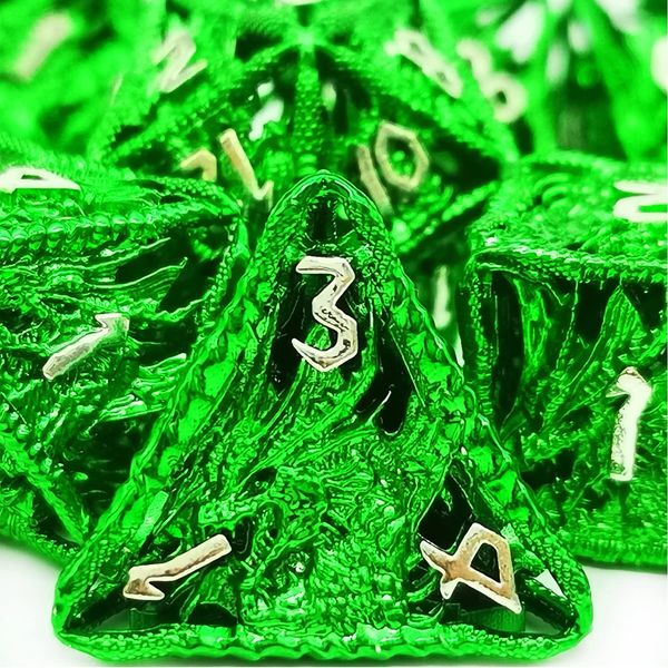 HAOMEJA Hollow Dragon Dice DND Metal Dice Set 7 Role Playing Dice D&D Dungeons and Dragons Dice (Green)