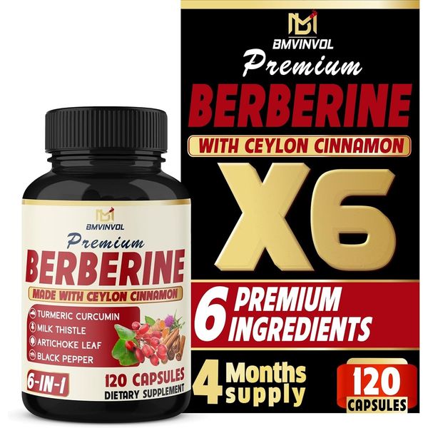 Premium Berberine with Ceylon Cinnamon Tumeric Root, Milk Thistle, 120 Capsules.