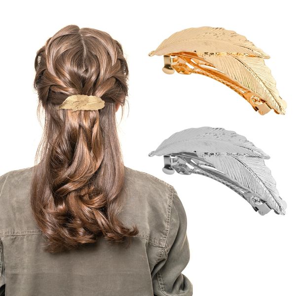 Vesaneae 2 Stück Vintage Blatt Haarspange, Französische Vintage Haarspangen Metall, Feder Blatt Haarklammern, Exquisite Barrette Clip, Haarschmuck Kopfschmuck für Frauen Und Mädchen (Silber+Gold)