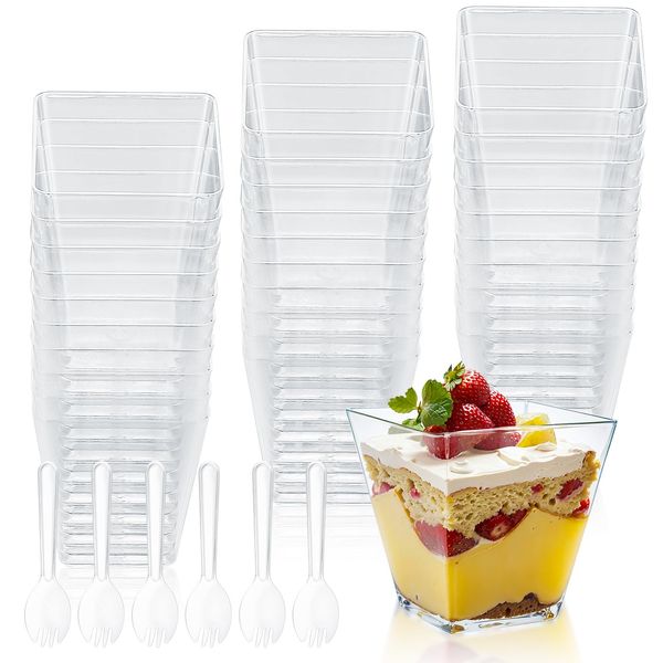 Yibaijia 50 Pcs Dessert Cups, Dessert Bowls, Reusable Plastic Square Cheesecake Pots, 120 ml/4.05 oz Clear Appetizers Serving Bowl for Dessert Pudding Trifles Party, with 50 x Spoon