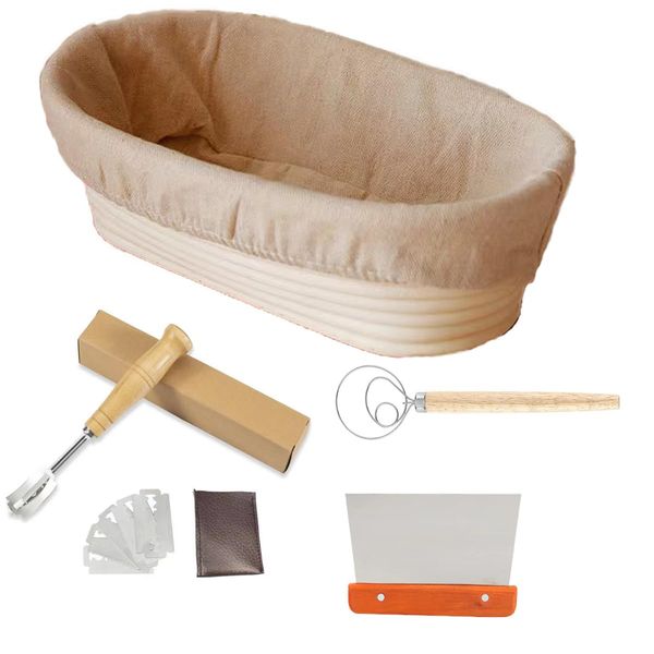 JETAINE Banneton Sourdough Bread Proofing Basket Starter Set, 25CM Oval Bread Basket with Danish Dough Whisk, Bread Scoring Lame, Stainless Steel Dough Scraper kit for Sourdough Baking Making Gift