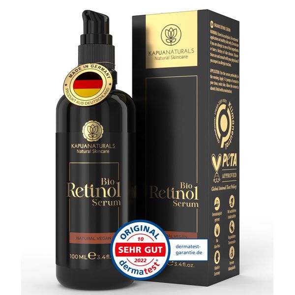 BIO Retinol Serum hochdosiert 100ml • Retinol 5-Fach-Komplex +Hyaluron +Vitamin C ✓ Vegan & BIO ✓ hochwirksam verkapseltes Retinol für strahlende & reine Haut ohne Pickel ✓ Anti Aging Made in Germany