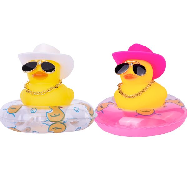 MuMyer 2Pcs Car Rubber Duck Yellow Duck Car Dashboard Decorations Duck Car Ornaments with Alloy Glasses Mini Swim Ring Sun Hat and Necklace for Car Dashboard Decoration Accessories(C-White&Pink)