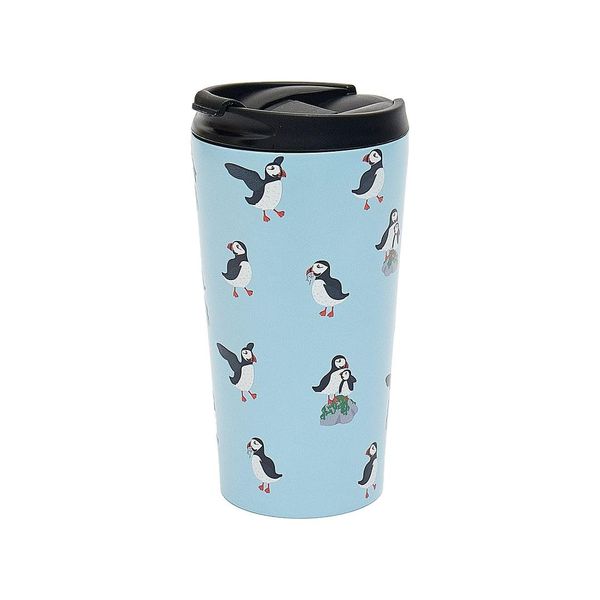 ECO CHIC Reusable Thermal Coffee Cup Stainless Steel Leakproof Insulated 330ml Travel Mug (Multi Puffin Blue)