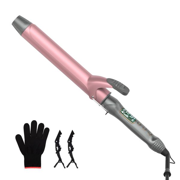 Extra Long Barrel Curling Iron 1 1/4 Inch, 1.25 Inch Curling Iron for Long Hair Wavy Curls, Travel Dual Voltage Curling Wand with LCD Display, Ceramic Hair Curler Protective Glove & 2 Clips