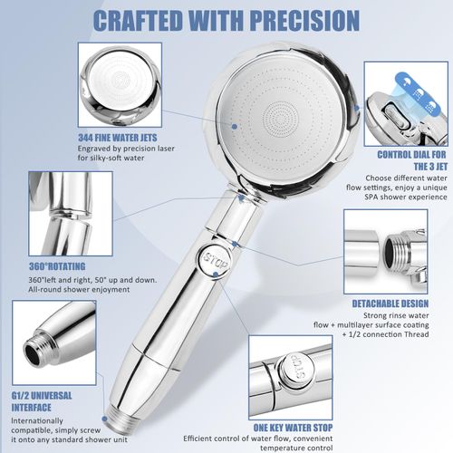 Shower Head, High Pressure Shower Head and Hose 2m Set, Portable Adjustable Water Saving Shower Heads Universal Replacements to Increase Pressure with 3 Mode Function, for Adult/Children/Pets/Bathroom