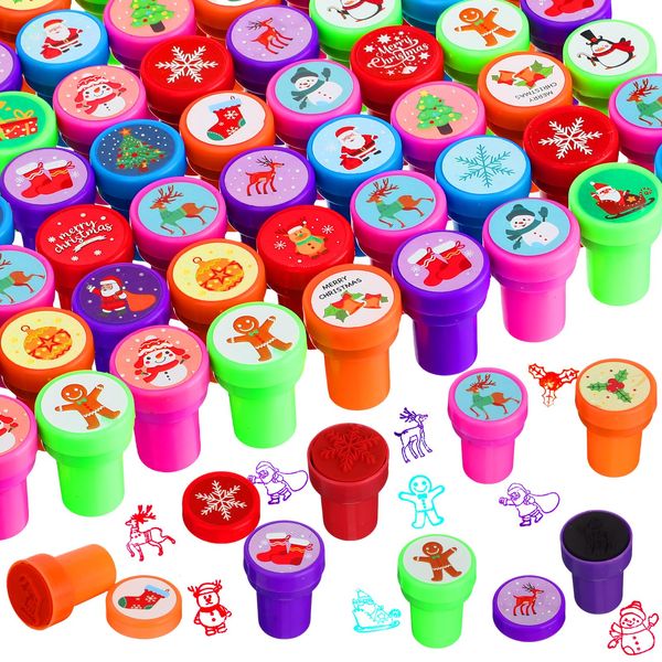 Geelin 100 Pcs Christmas Assorted Stamps Kids Self Ink Stamps Bulk Stocking Stuffer Party Favor Stampers for Kids Christmas Party Classroom Game Prizes Goodie Bag Fillers, 22 Styles