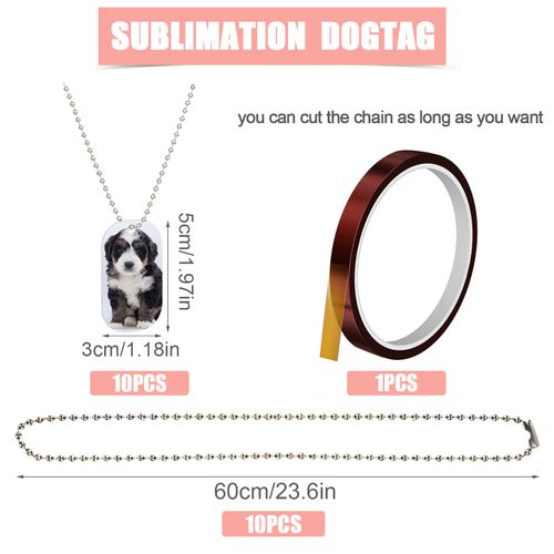 SAVITA Pack of 15 Sublimation Dog Tags with 15 Ball Chain and 1 Heating Tape Aluminium Dog Tags Blanks for Pets Stamp Tags Tags (Total 31 Pieces)