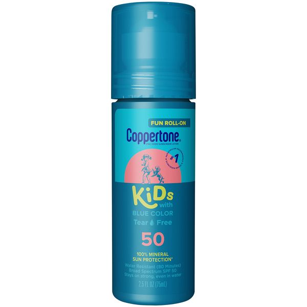 Coppertone Kids Roll-On Sunscreen with Blue Color, Zinc Oxide Sunscreen Lotion, Kids Tear Free Sunscreen, 2.5 fl oz bottle