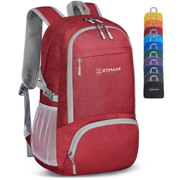 ZOMAKE Lightweight Foldable Backpack - Packable Foldable Rucksack 30L Small Packable Backpcks Walking Rucksacks Travel Daypack Water Resistant For Men Women Outdoor Hiking - (Red)