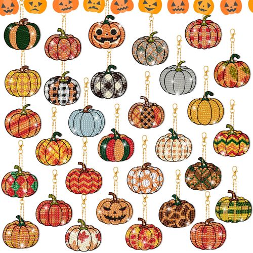 WILLBOND 30 Pcs Halloween Diamond Art Keychains Double Sided DIY Halloween Pumpkin Diamond Painting Keychain Ornaments Kits For Adults Key Ring Art Pendant Tree Decor