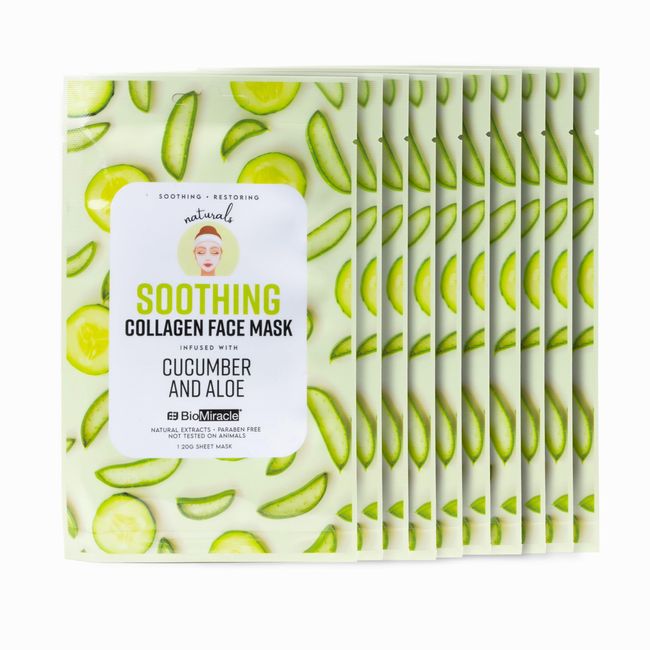 BioMiracle Soothing Collagen Face Mask Infused With Cucumber and Aloe, Natural Extracts, Paraben Free, Hydrates, Heals Dry Skin, 10 Sheets (10 Pack)