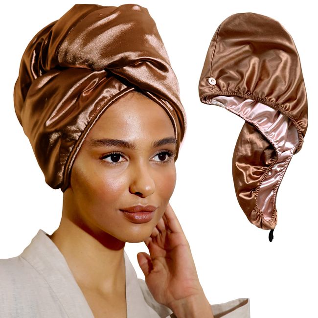 SMPL objects Satin and Bamboo Hair Towel Wrap for Women, Satin Hair Plopping Towel Curly Hair - Satin Hair Towel for Wet Hair (Pink - Bronze)