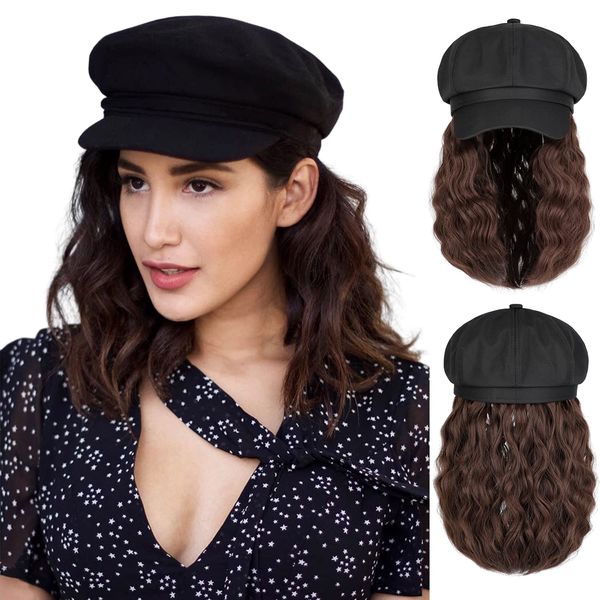 Qlenkay Newsboy Cap with Bob Hair Extensions Black Hat Wig 8 Panel Visor Beret Attached Synthetic 14'' Short Curly Wavy Hairpiece for Woman Medium Brown