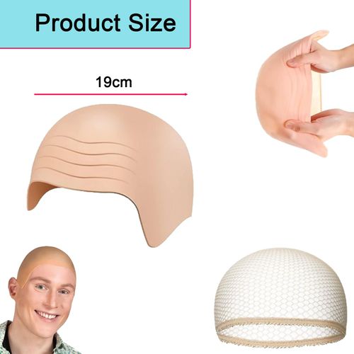 2PCS Bald Cap 1 Wrinkle Bald Head Cover and 1 Skin Tone Hair Net Makeup Bald Head Wig Cap Costume Accessory Halloween Bald Cap Bald Bald Wig Cap Fancy Dress Bald Cap for Women Bald Cap Kids Funny Wig