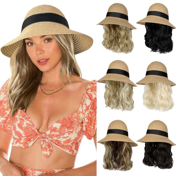 Lansigreen Sun Hat with Hair Extensions Hat Wig UPF 50+ Foldable Wide Brim Straw Beach Hat Attached 9" Wavy Hairpiece Synthetic for Women Summer Light Brown Mix Ash Blonde