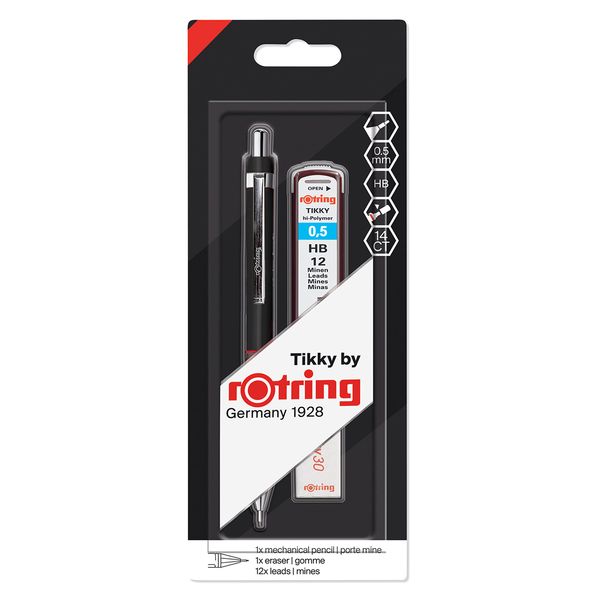 rOtring Tikky Colour-Coded Mechanical Pencil Set | 0.5 mm | with 12 Lead Refills & Eraser