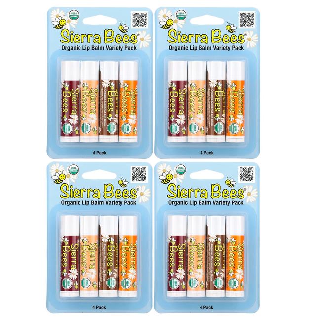 Sierra Bees Organic Lip Balm Variety Pack, 4 Pack, .15 oz (4.25 g) Each, Bundle