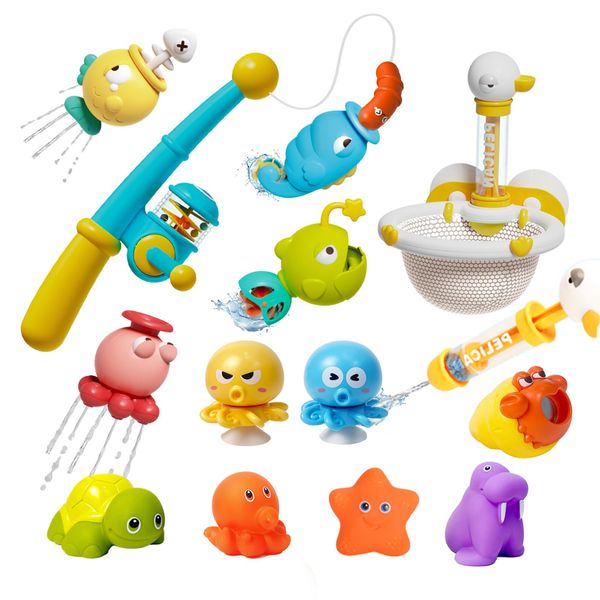 Bath Toys for Toddlers, Magnetic Fishing Toy with Fishing Rod,Water Spraying Floating Animals, Octopus with Spinner, Bathtub Toys, Pool Toys, Water Toys for Babies Kids Infant Boys Girls