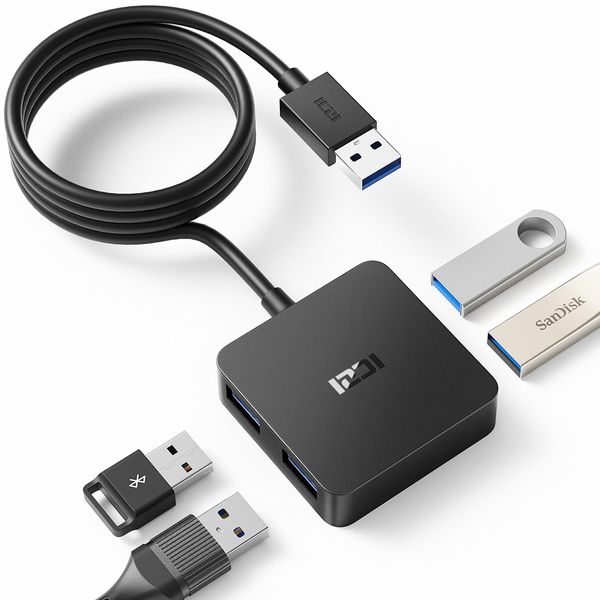 ICZI USB Hub 3.0, 4 Ports USB Splitter 120 cm Long Cable for MacBook Pro/Air, Surface Pro, Desktop, Laptop, USB Flash Drives, and More (Black)
