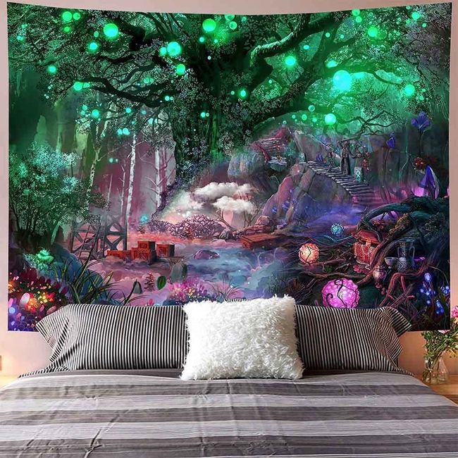 Arawat Wandteppich Baum des Lebens Wandtuch Lebensbaum Psychedelic Wandteppich Baum Mond Sonne Wanddeko Psychedelic Teppich Landschaft Wandteppiche Trippy Tapestry Wandbehang Wand Deko (150 x 200cm)