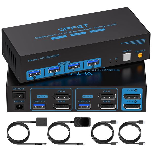 CMSTEDCD 8K@60Hz Displayport KVM Switch 2 monitors 2 computers USB 3.0 KVM switches for 2 computers share dual monitors and 4 usb devices Support 4K@120Hz DP 1.4 with external kit and 12V DC adapter.