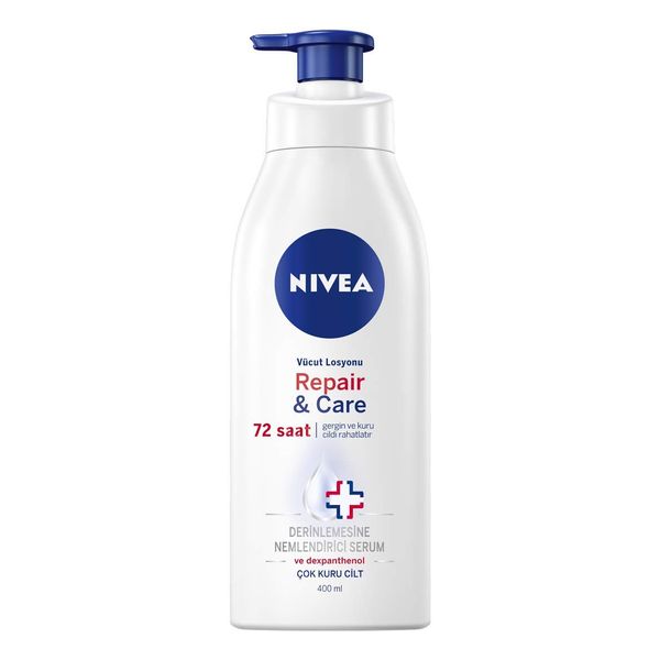 NIVEA Repair & Care Vücut Losyonu, 400 ml, Çok Kuru Ciltler için Yoğun Bakım ve Onarıcı Vücut Losyonu, Gergin ve Kuru Ciltte 72 Saat Nemlendirme