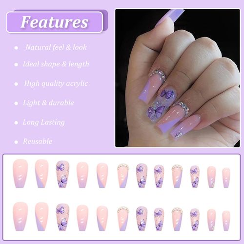 AKOFIC 24Pezzi Unghie Finte Lunghe Ballerina, French Press on Nails Glitterate Lilla Strass Farfalle Disegnate, Acrilico Unghie Finte Adesive Senza Colla, Unghie Finte da Attaccare Decorate per Donne