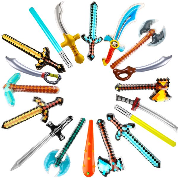 Cagemoga 18 Pcs Inflatable Pixel Swords Blow Up lightsabers Axe Knife Pickaxe Hatchets Pirate Swords Set for Kids Halloween Cosplay Birthday Pool Beach Party Supplies