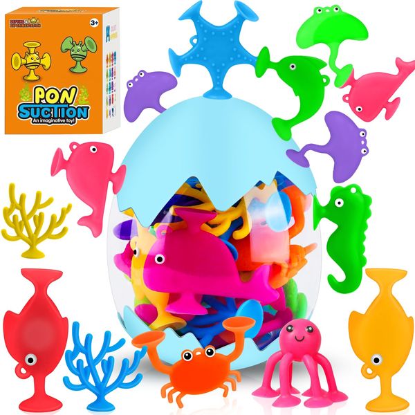 18PCS Suction Bath Toys for Toddler Kids, Mold Free Silicone Ocean Animals Suction Cup Bathtub Toys, No Hole Sensory Window Fidget Toys, Fun Creative Gift for Boys Girls with Eggshell