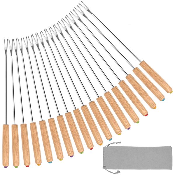 18 Pcs Stainless Steel Fondue Forks with Oak Wood Handle Heat Resistant, Color Coding Cheese Chocolate Fountains Skewers Marshmallow Roasting Sticks, 9.5inch