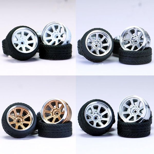 1/64 Wheels and Tires,Real Riders Series,Upgrade Mainline Diecast Model Cars,Diameter is 0.43in, 4 Sets/pack,Eight-axis Spokes,ABS Wheels with Rubber Tire Rivet Axle Metal Rims(HW-D)