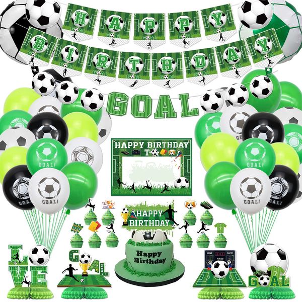 Soccer Birthday Party Supplies - Including HAPPY BIRTHDAY Banner, Soccer Element Bunting, Centerpieces, DIY Name Hanging Sign, Cake Toppers, Balloons, for Soccer Party Decorations