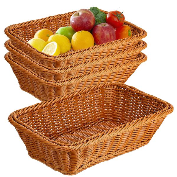 ALMOXVYE 4 Pack Woven Bread Baskets, 11.8 Inch Rectanglular Wicker Serving Baskets Imitation Rattan Food Storage Baskets for Food Serving, Display, Home, Restaurant, Party