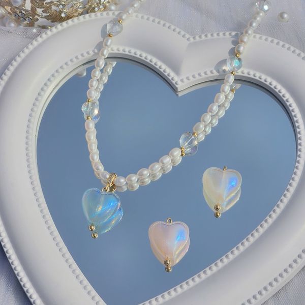 𝓛𝓸𝓿𝓮𝓲𝓼𝓽 𝓛𝓲𝓵𝔂 Handmade Angel Aurora Heart Pendant Freshwater Pearl Necklace Heart Necklace