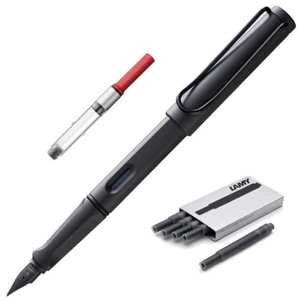 Boxiti Set - Lamy Safari Fountain Pen Charcoal, Fine Nib | 5 Black Ink Cartridges, Z28 Converter and Wipe