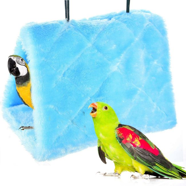 Winter Warm Bird Nest House Shed Hut Hanging Hammock Finch Cage Plush Fluffy Birds Hut Hideaway for Hamster Parrot Macaw Budgies Eclectus Parakeet Cockatiels Cockatoo Lovebird (M, Blue)