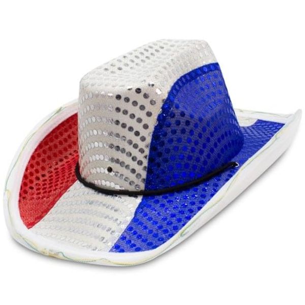 Fun Central LED Light-Up Cowboy Hat in Red, White, and Blue with LED Light Up Brim - Unisex