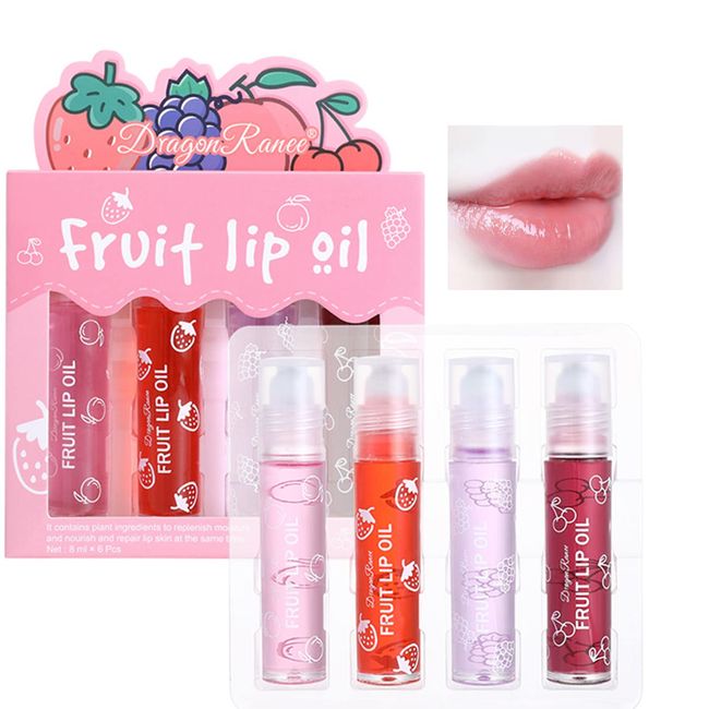 4 Pcs Fruit Lip Oil Set Lip Gloss Crystal Jelly Liquid Lipstick Set Moisturizing Hydrating Non-Stick Cup Long Lasting Lip Kit for Women and Girls