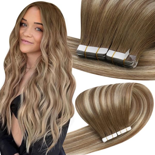 Tape on Extension Echthaar Skin Weft Haar Extension Tape Echthaar Farbe Darker Brown Mix Aschbraun und Mittelblond 50 cm 50g Double Sides Tape Extension Echthaar #3/8/22