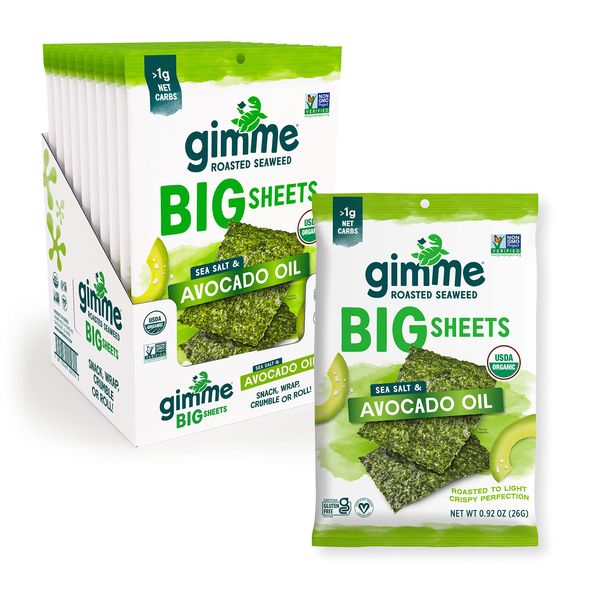 gimMe - Sea Salt & Avocado Oil - Big Sheets - Organic Roasted Seaweed Sheets - Keto, Vegan, Gluten Free - Great Source of Iodine & Omega 3’s - Healthy On-The-Go Snack for Kids & Adults - (.92oz) - (Pack of 10)