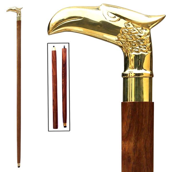 Handmade Vintage Art Walking Stick Wood & Metal Mens Walking Canes Shaft Wooden with Brass Eagle Handle Brown