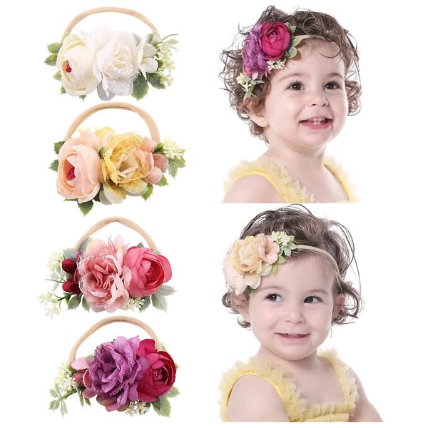 Cinaci 4 Pack White Pink Red Rose Flower Hair Bows Super Stretchy Nylon Headbands Floral Crowns Elastic Hair Bands Fancy Headpieces Hair Accessories for Baby Girls Newborns Infants Toddlers Kids