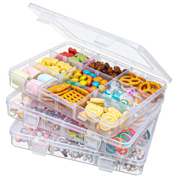 3 PCS Snack Boxes for Kids, Small Snack Box with 15 Removable Grids Compartments for travel plane, Multi Plastic Snackle Box Organizer Container Storage Box for Jewelry Cosmetics Craft Earring Rings