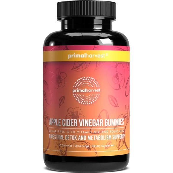 Primal Harvest ACV Gummies, 60 Sugar Free Apple Cider Gummies Beetroot and Pomegranate to Support Immunity, Digestion and Detox 750 MG